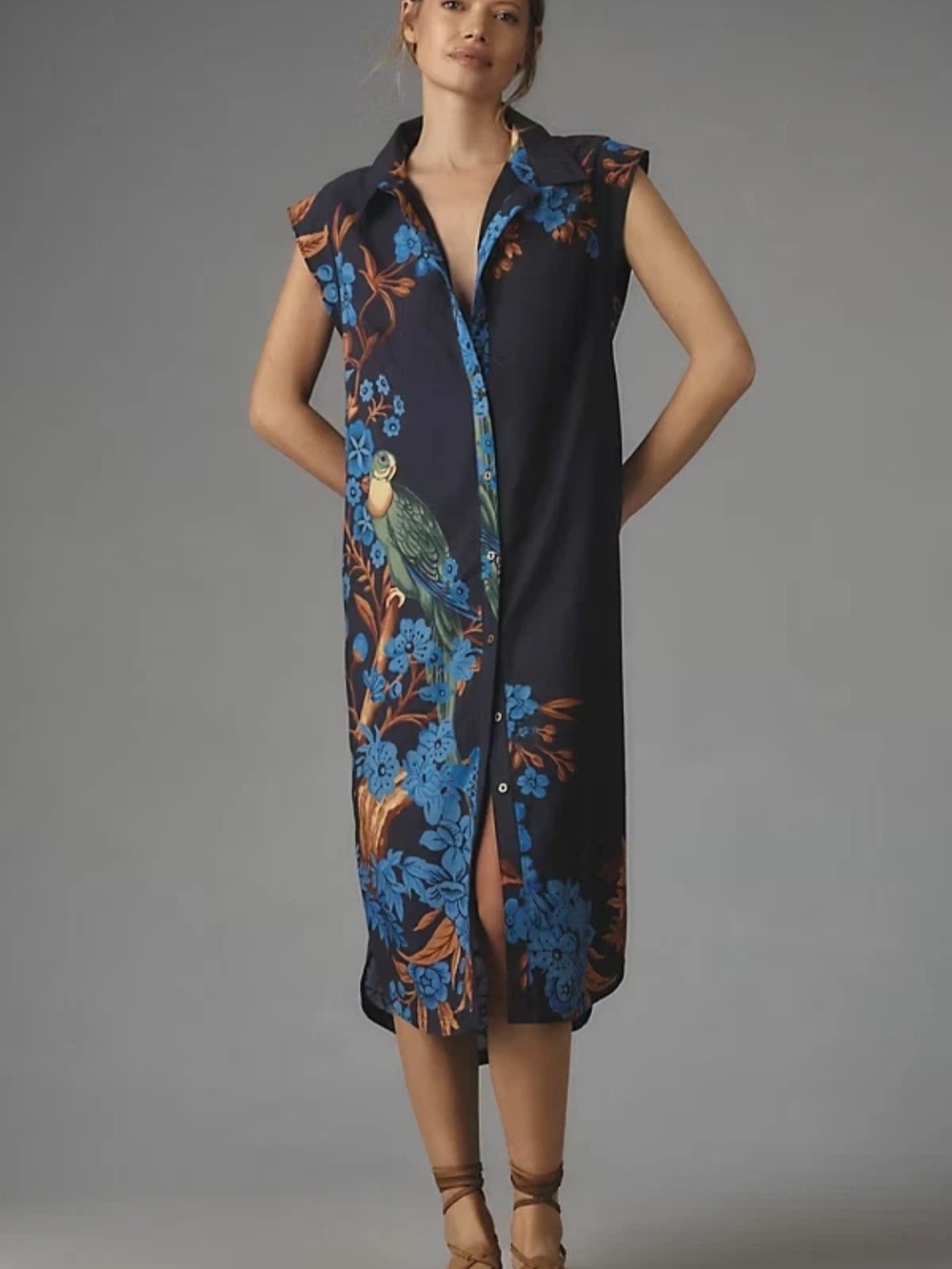 Anthropologie Navy Midi Shirt Dress with Blue Floral & Brown Accents